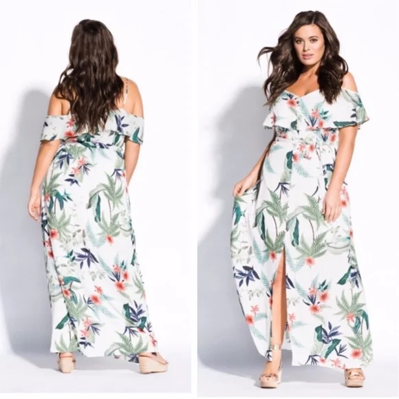 City Chic Plus Bahamas Printed Cold-Shoulder Maxi Dress